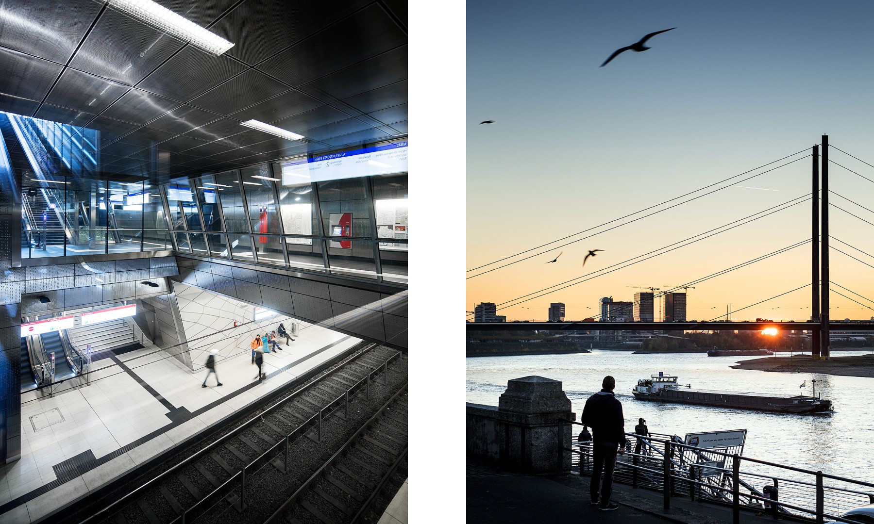 Die U-Bahn-Station Benrather Straße gehört zu den sechs aufwändig gestalteten Stationen der Wehrhahnlinie // Die Rheinpromenade im Sonnenuntergang